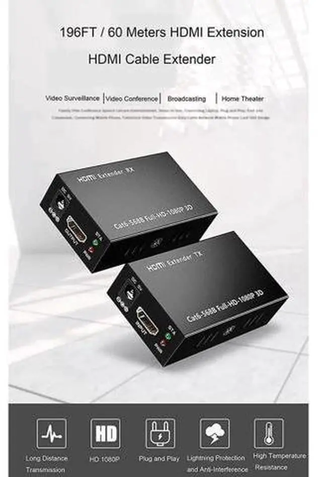 Alt view image 2 of 7 - HDMI Extender 196ft/60m Over LAN, HDMI to RJ45 Adapter Over Single CAT5e/CAT6A/CAT7, Uncompressed 1080P@60Hz 1-to-1 Network Extension