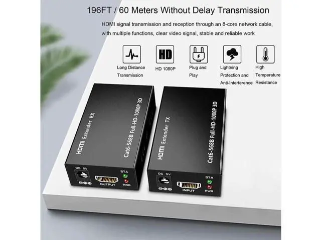Alt view image 3 of 7 - HDMI Extender 196ft/60m Over LAN, HDMI to RJ45 Adapter Over Single CAT5e/CAT6A/CAT7, Uncompressed 1080P@60Hz 1-to-1 Network Extension