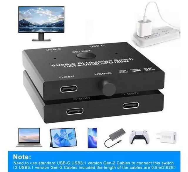 Alt view image 4 of 7 - 8K USB C Switch Bi-Directional for 2 Computers, USB C KVM Switch 8K@60Hz 4K@144Hz with Wired Remote & 2 USB-C Cables, Support 100W Charging 10Gbps Data Video Transfer