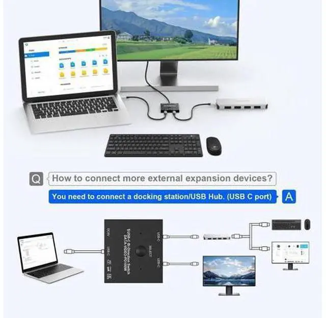 Alt view image 6 of 7 - 8K USB C Switch Bi-Directional for 2 Computers, USB C KVM Switch 8K@60Hz 4K@144Hz with Wired Remote & 2 USB-C Cables, Support 100W Charging 10Gbps Data Video Transfer