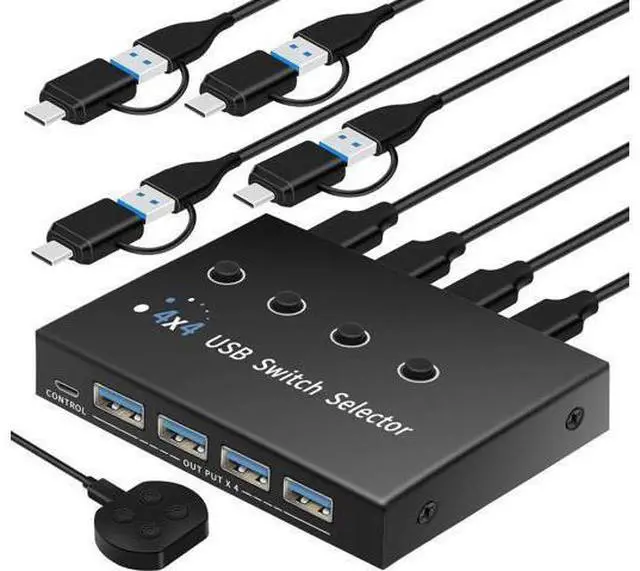 Main image of USB 3.0 KM Switch 2/3/4 Computers, USB A&C Switch Selector, Keyboard Mouse Sharing Switcher with USB-A & USB-C Cables and Desktop Controller