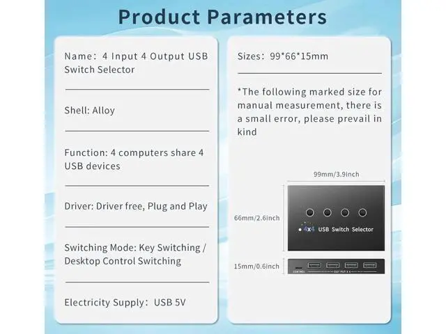 Alt view image 4 of 7 - USB 3.0 KM Switch 2/3/4 Computers, USB A&C Switch Selector, Keyboard Mouse Sharing Switcher with USB-A & USB-C Cables and Desktop Controller