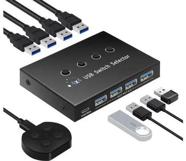 Main image of 4 Computers USB 2.0 Sharing Switch Selector, One Set Keyboard Mouse Peripheral Switch with Desktop Control Hub & 4 Pack USB Cables, Plug & Play Multi System Compatible