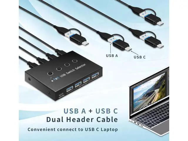 Alt view image 7 of 7 - USB 3.0 KM Switch 2/3/4 Computers, USB A&C Switch Selector, Keyboard Mouse Sharing Switcher with USB-A & USB-C Cables and Desktop Controller