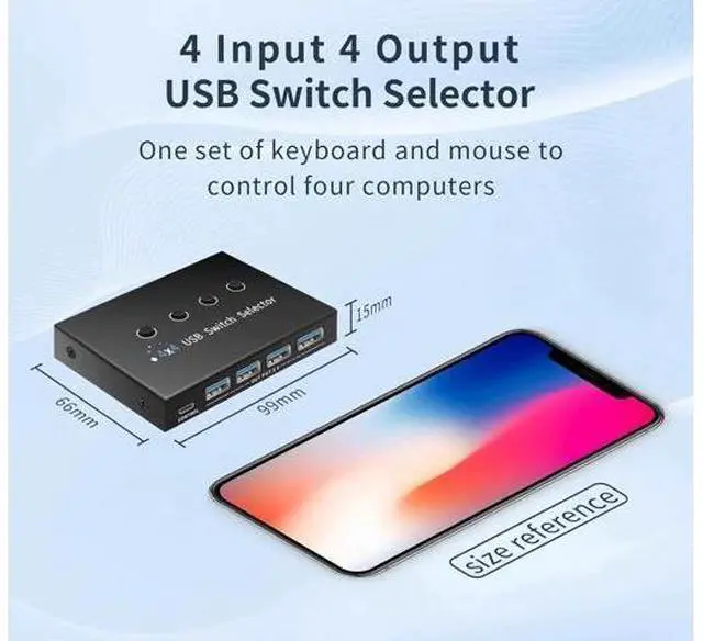 Alt view image 3 of 7 - 4 Computers USB 2.0 Sharing Switch Selector, One Set Keyboard Mouse Peripheral Switch with Desktop Control Hub & 4 Pack USB Cables, Plug & Play Multi System Compatible