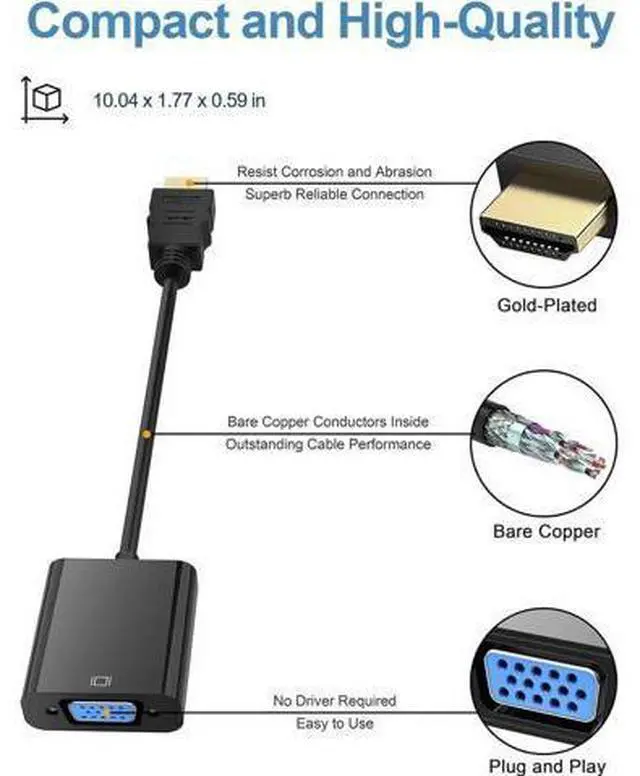 Alt view image 4 of 7 - 5-Pack Gold-Plated HDMI to VGA Adapter (Male to Female) Black, for Laptop PC Monitor Projector HDTV Chromebook Raspberry Pi Xbox Roku