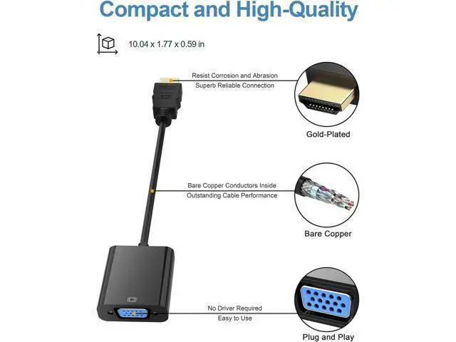Alt view image 5 of 7 - HDMI to VGA, Gold-Plated HDMI to VGA Adapter (Male to Female) for Computer, Desktop, Laptop, PC, Monitor, Projector, HDTV, Chromebook, Raspberry Pi, Roku, Xbox and More - Black 10 packs