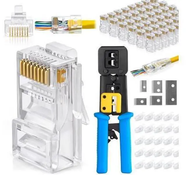 Main image of 2 Items Bundle: RJ45 Crimping Tool Kit + 200 Pack Cat6 Pass Through RJ45 Connectors, Professional Ethernet Crimp Tool Set for Cat6 Cat5e Network Cable Wiring