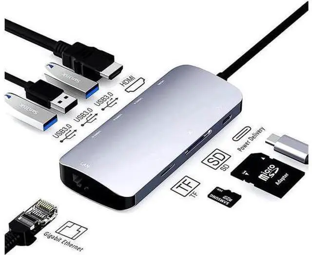 Main image of 8 in 1 USB C Hub with Gigabit Ethernet Port, 1000M RJ45 USB C Multiport Adapter, 4K HDMI, 60W PD Fast Charging, 5Gbps Data Transfer, SD/TF Card Reader, Ultra Flat Design