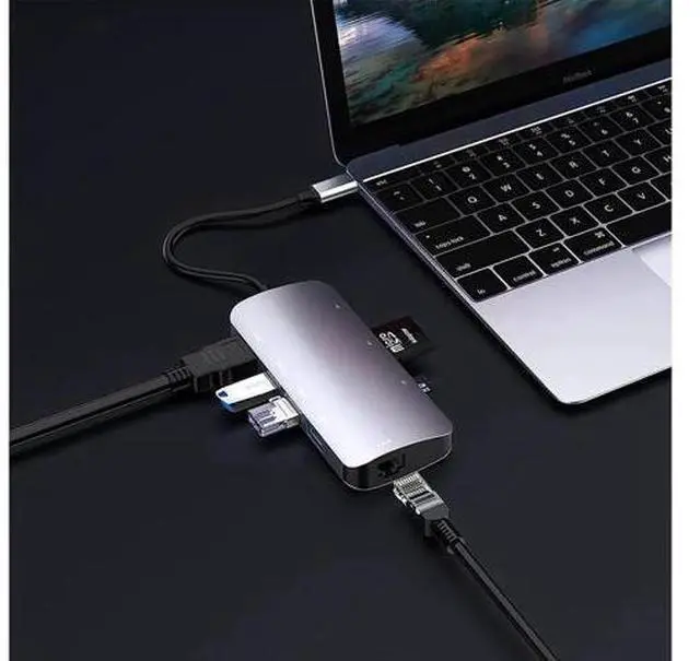 Alt view image 2 of 6 - 8 in 1 USB C Hub with Gigabit Ethernet Port, 1000M RJ45 USB C Multiport Adapter, 4K HDMI, 60W PD Fast Charging, 5Gbps Data Transfer, SD/TF Card Reader, Ultra Flat Design
