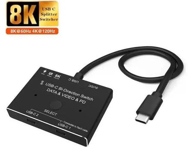 Main image of USB-C Splitter 8K Bi-Directional Switch, USB 3.1 Gen 2 Type-C Switch 2 in 1 Out / 1 In 2 Out, Support 8K@60Hz 4K@120Hz, 100W PD Charging, 10Gbps High Speed Data Transfer Multi-Function USB C Converter