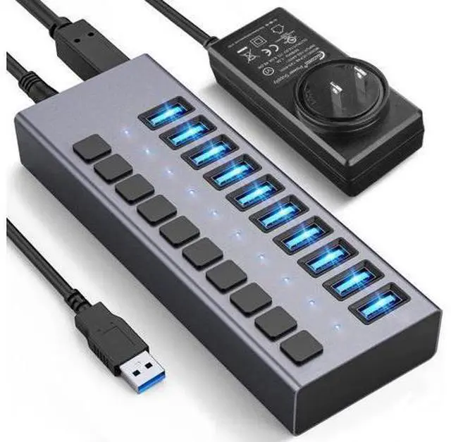 Main image of 48W Powered 10-Port USB 3.0 Hub, Alloy USB Splitter with Independent On/Off Switches, 5Gbps High-Speed Data Transfer, 12V/4A Power Adapter, Compatible with Laptop, PC, External Mobile HDD