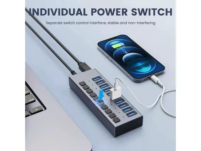 Alt view image 2 of 7 - 48W Powered 10-Port USB 3.0 Hub, Alloy USB Splitter with Independent On/Off Switches, 5Gbps High-Speed Data Transfer, 12V/4A Power Adapter, Compatible with Laptop, PC, External Mobile HDD