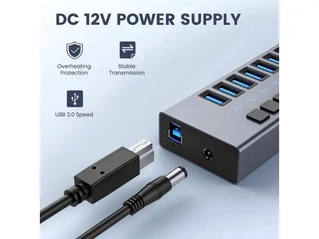 Alt view image 3 of 7 - 48W Powered 10-Port USB 3.0 Hub, Alloy USB Splitter with Independent On/Off Switches, 5Gbps High-Speed Data Transfer, 12V/4A Power Adapter, Compatible with Laptop, PC, External Mobile HDD
