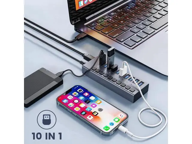 Alt view image 4 of 7 - 48W Powered 10-Port USB 3.0 Hub, Alloy USB Splitter with Independent On/Off Switches, 5Gbps High-Speed Data Transfer, 12V/4A Power Adapter, Compatible with Laptop, PC, External Mobile HDD
