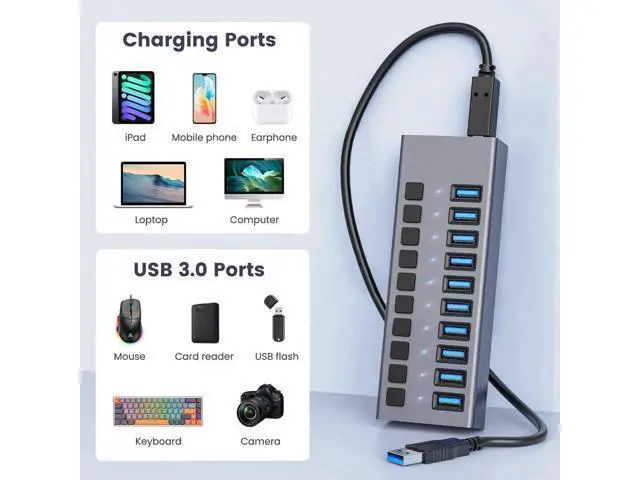Alt view image 5 of 7 - 48W Powered 10-Port USB 3.0 Hub, Alloy USB Splitter with Independent On/Off Switches, 5Gbps High-Speed Data Transfer, 12V/4A Power Adapter, Compatible with Laptop, PC, External Mobile HDD