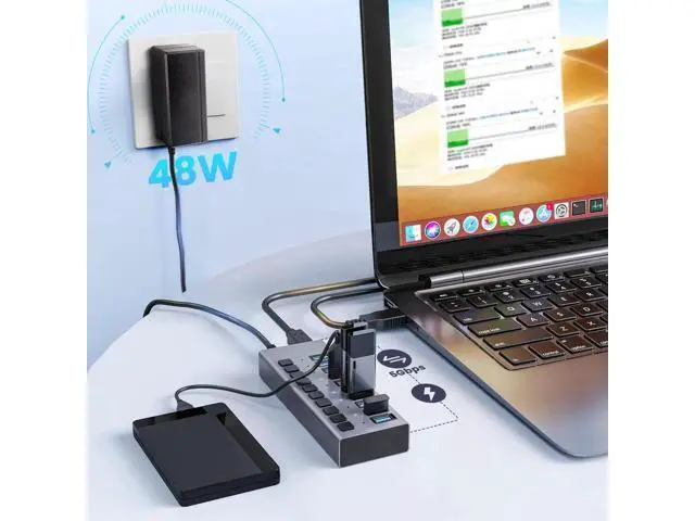 Alt view image 6 of 7 - 48W Powered 10-Port USB 3.0 Hub, Alloy USB Splitter with Independent On/Off Switches, 5Gbps High-Speed Data Transfer, 12V/4A Power Adapter, Compatible with Laptop, PC, External Mobile HDD