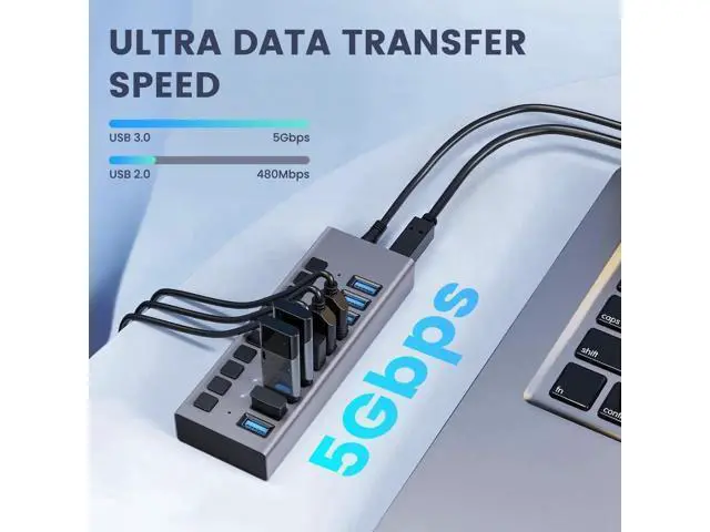 Alt view image 7 of 7 - 48W Powered 10-Port USB 3.0 Hub, Alloy USB Splitter with Independent On/Off Switches, 5Gbps High-Speed Data Transfer, 12V/4A Power Adapter, Compatible with Laptop, PC, External Mobile HDD