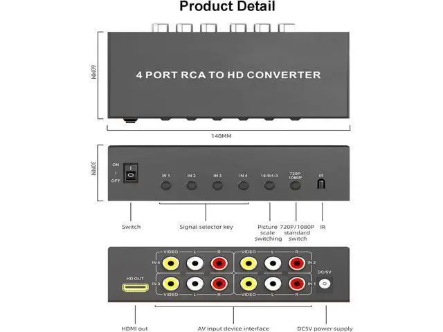 Alt view image 4 of 7 - 4 Port RCA/Composite/CVBS to HDMI Converter 1080P with Remote, AV to HDMI Adapter Support 16:9/4:3 for Wii N64 PS1 PS2 PS3 VHS VCR DVD