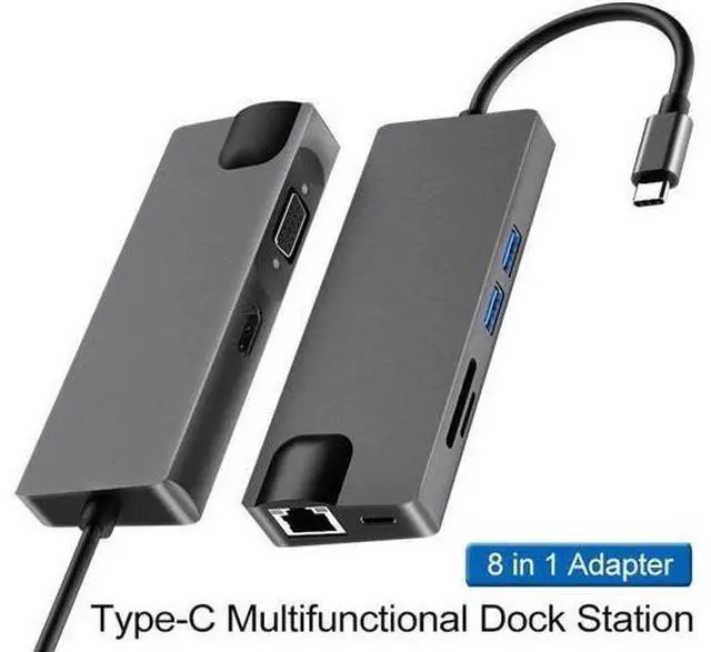 Alt view image 4 of 4 - 8-in-1 Type-C Docking Station, HDMI/VGA Converter Hub, Computer Network Card Expansion Dock, Multi-Port Extender for Laptops, Tablets