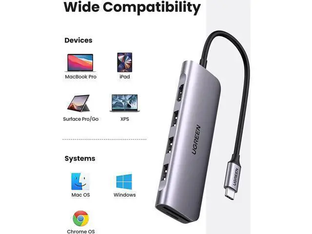 Alt view image 2 of 7 - UGREEN 6-in-1 USB C Multiport Hub Dongle, USB-C to 4K HDMI Adapter with 3 USB 3.0 Ports, SD/TF Card Reader, Compatible with MacBook Pro, Dell XPS and All USB-C Devices
