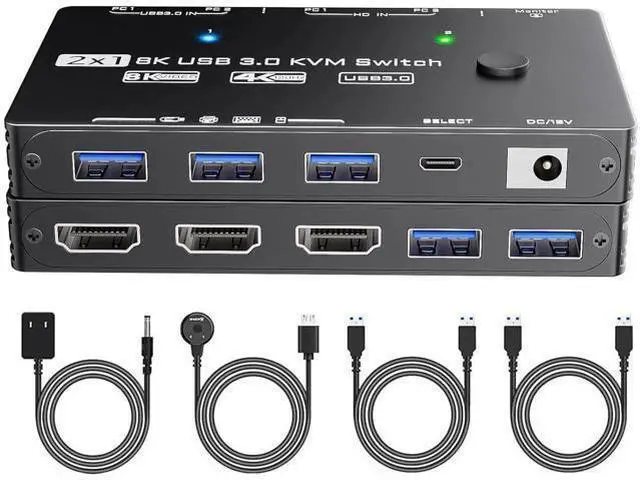 Main image of 2 Port 8K@60Hz HDMI KVM Switch, 2 Computers Share 1 Monitor Keyboard Mouse, Single Screen HDMI KVM Switcher with Power Adapter, Wired Extension Controller & USB 3.0 Cables
