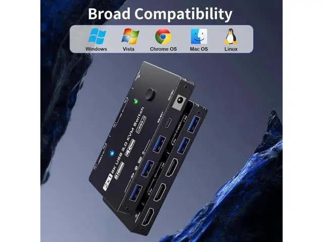 Alt view image 2 of 7 - 2 Port 8K@60Hz HDMI KVM Switch, 2 Computers Share 1 Monitor Keyboard Mouse, Single Screen HDMI KVM Switcher with Power Adapter, Wired Extension Controller & USB 3.0 Cables
