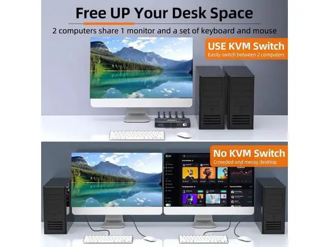 Alt view image 3 of 7 - 2 Port 8K@60Hz HDMI KVM Switch, 2 Computers Share 1 Monitor Keyboard Mouse, Single Screen HDMI KVM Switcher with Power Adapter, Wired Extension Controller & USB 3.0 Cables