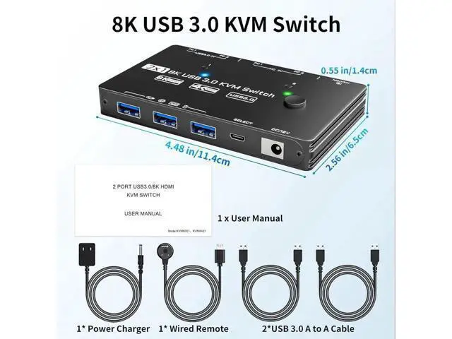 Alt view image 6 of 7 - 2 Port 8K@60Hz HDMI KVM Switch, 2 Computers Share 1 Monitor Keyboard Mouse, Single Screen HDMI KVM Switcher with Power Adapter, Wired Extension Controller & USB 3.0 Cables