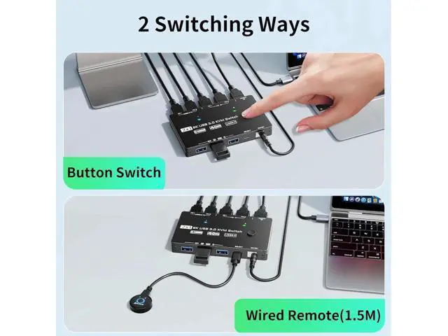 Alt view image 7 of 7 - 2 Port 8K@60Hz HDMI KVM Switch, 2 Computers Share 1 Monitor Keyboard Mouse, Single Screen HDMI KVM Switcher with Power Adapter, Wired Extension Controller & USB 3.0 Cables