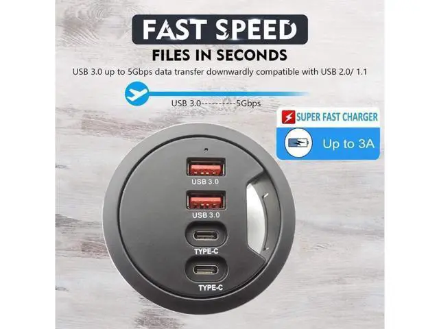 Alt view image 3 of 7 - 60MM 2.36 Inch Grommet Desk-Fit USB 3.0 Hub, 2 Port USB-A & 2 Port USB-C Desk Grommet Hub, Support Data Transfer and Charging, Comes with 5V/2A Power Adapter