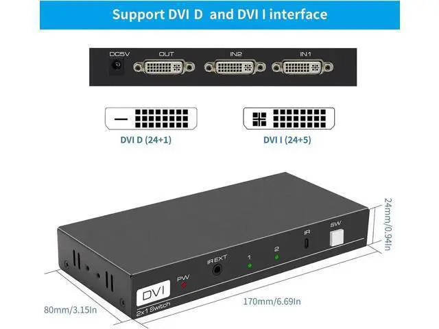 Alt view image 2 of 7 - 2 in 1 Out DVI Switch, 4K DVI Port Switcher Selector with HDCP, DVI Splitter Switch for PC Laptop DVR Projector HDTV