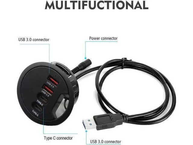 Alt view image 4 of 7 - 60MM 2.36 Inch Grommet Desk-Fit USB 3.0 Hub, 2 Port USB-A & 2 Port USB-C Desk Grommet Hub, Support Data Transfer and Charging, Comes with 5V/2A Power Adapter