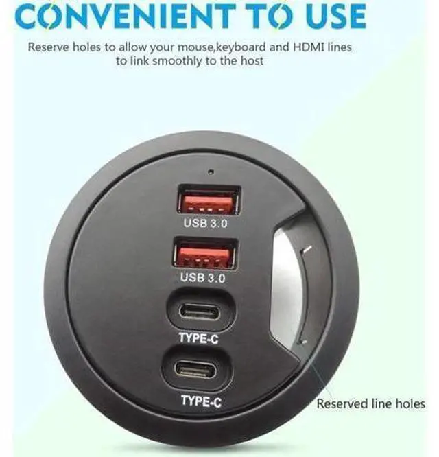 Alt view image 7 of 7 - 60MM 2.36 Inch Grommet Desk-Fit USB 3.0 Hub, 2 Port USB-A & 2 Port USB-C Desk Grommet Hub, Support Data Transfer and Charging, Comes with 5V/2A Power Adapter
