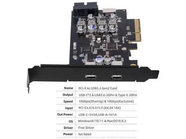 Alt view image 6 of 7 - 10Gbps PCI-E USB Expansion Card, Dual Type-C + Type-E USB 3.1 Front Panel Socket + USB3.0 19Pin/20Pin Header, ASM3142 VL822 Chipset PCIe Adapter