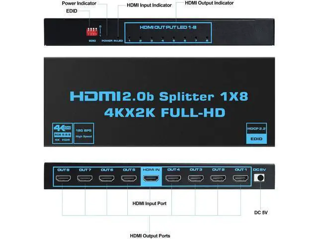 Alt view image 2 of 7 - 1x8 HDMI Splitter 4K@60Hz HDMI 2.0b, 1 in 8 Out Audio Video Distributor Box with EDID & Power Adapter, Support 3D HDCP2.2 18.5Gbps Compatible with PS5 Fire Stick PC