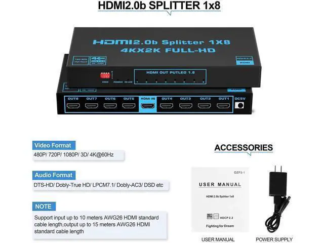 Alt view image 3 of 7 - 1x8 HDMI Splitter 4K@60Hz HDMI 2.0b, 1 in 8 Out Audio Video Distributor Box with EDID & Power Adapter, Support 3D HDCP2.2 18.5Gbps Compatible with PS5 Fire Stick PC