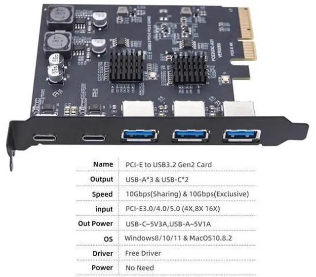 Alt view image 5 of 7 - SuperSpeed 10Gbps PCI-E Expansion Card, PCI Express to 3 Ports USB3.0 Type-A Back Panel Socket & Dual USB3.1 Type-C Adapter with ASM3142 VL822 Chipset