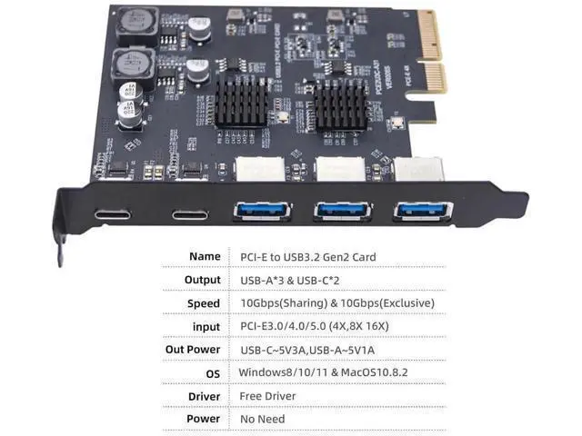 Alt view image 2 of 7 - 10Gbps PCI-E Express Expansion Card, 3 Type-A USB 3.0 + Dual USB 3.1 Type-C Back Panel Adapter, Built-in ASM3142 VL822 Controller Chip