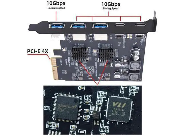 Alt view image 4 of 7 - 10Gbps PCI-E Express Expansion Card, 3 Type-A USB 3.0 + Dual USB 3.1 Type-C Back Panel Adapter, Built-in ASM3142 VL822 Controller Chip