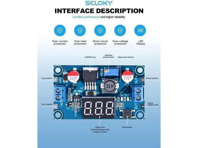 Alt view image 2 of 7 - LM2596 DC-DC Buck Converter Module, Adjustable Step Down Voltage Regulator 4-40V to 1.25-37V with LED Voltmeter Display, 6 Pack