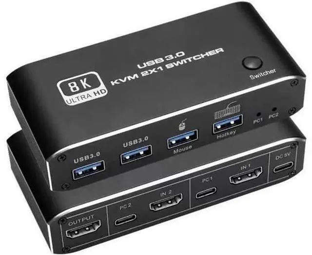 Main image of 8K HDMI 2.1 KVM Switch 2 Computers 1 Monitor, 2x1 HDMI KVM Switch with 4 USB 3.0 Ports, Support 8K@60Hz 4K@120Hz YUV 4:4:4 HDCP 2.3 HDR10 Hotkey Control, Dark Black