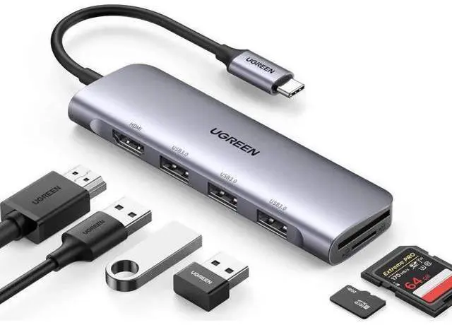 Main image of USB C Hub 6 in 1 Dongle, USB-C to HDMI Multiport Adapter with 4K HDMI Output, 3 USB 3.0 Ports, SD/TF Card Reader Compatible for MacBook Pro, XPS & More Type C Devices