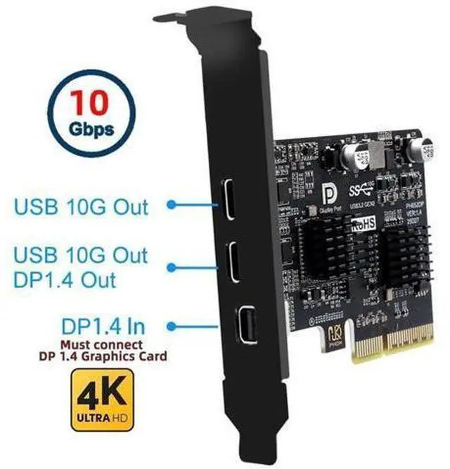 Alt view image 5 of 7 - 10Gbps PCI-E 4X Expansion Card, Mini DP 1.4 Input to Dual USB3.1 Type-C & 4K 60Hz Output, ASM3142 Chip Desktop Graphics Expansion Adapter