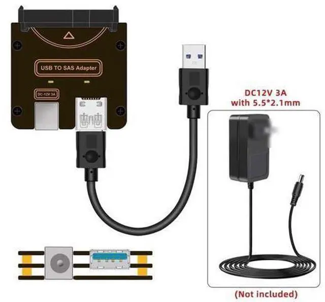 Alt view image 4 of 7 - SFF-8482 SAS 29Pin to USB3.0 5Gbps Hard Drive RAID Adapter with Built-in Chipset & 12V/3A Power Supply Port