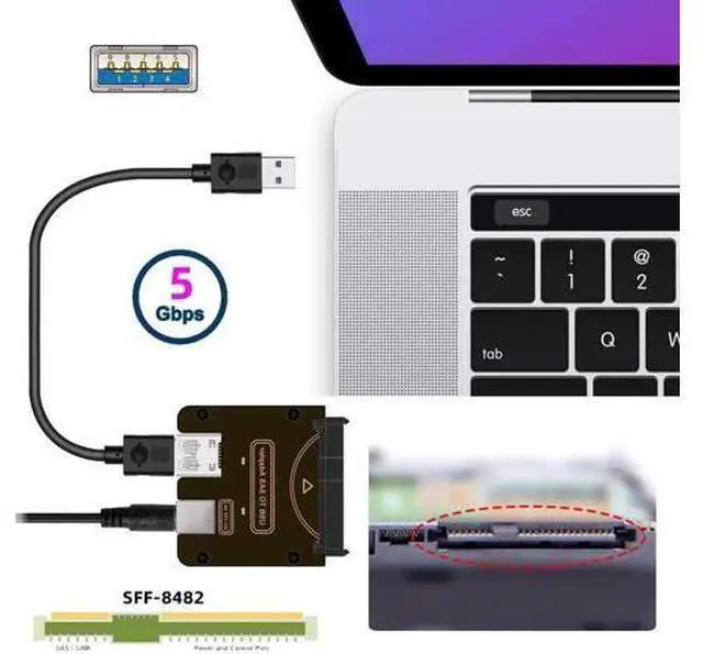 Alt view image 5 of 7 - SFF-8482 SAS 29Pin to USB3.0 5Gbps Hard Drive RAID Adapter with Built-in Chipset & 12V/3A Power Supply Port