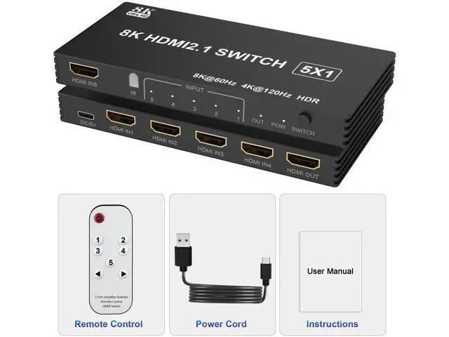 Alt view image 7 of 7 - 8K@60Hz HDMI Switch 5 in 1 Out, 5Port HDMI 2.1 Switcher Selector Box with Remote Control, HDMI Multiport Port Expander Splitter Compatible with PS5 PS4 Xbox PC TV