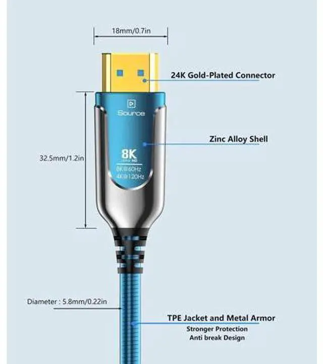 Alt view image 2 of 7 - 30Ft 8K Fiber Optic HDMI 2.1 Cable 48Gbps High Speed with Metal Armor Jacket 8K@60Hz 4K@120Hz Male to Male for PS5 PC HDTV Projector