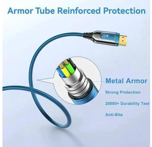 Alt view image 3 of 7 - 30Ft 8K Fiber Optic HDMI 2.1 Cable 48Gbps High Speed with Metal Armor Jacket 8K@60Hz 4K@120Hz Male to Male for PS5 PC HDTV Projector