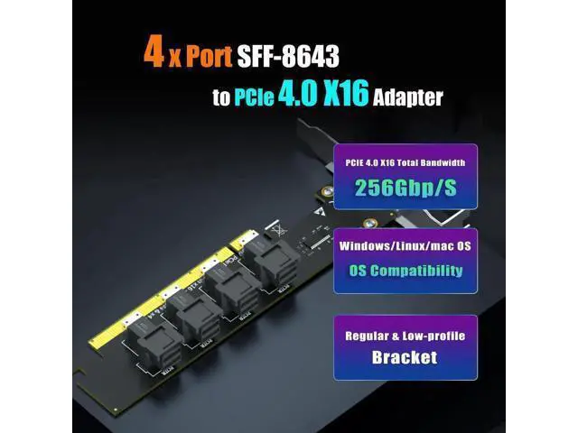 Alt view image 2 of 7 - SF04 4-Port SFF-8643 Mini-SAS HD to PCIe 4.0 X16 Adapter Card, Without PCIe Bifurcation Function, Equipped with Regular & Low Profile Bracket
